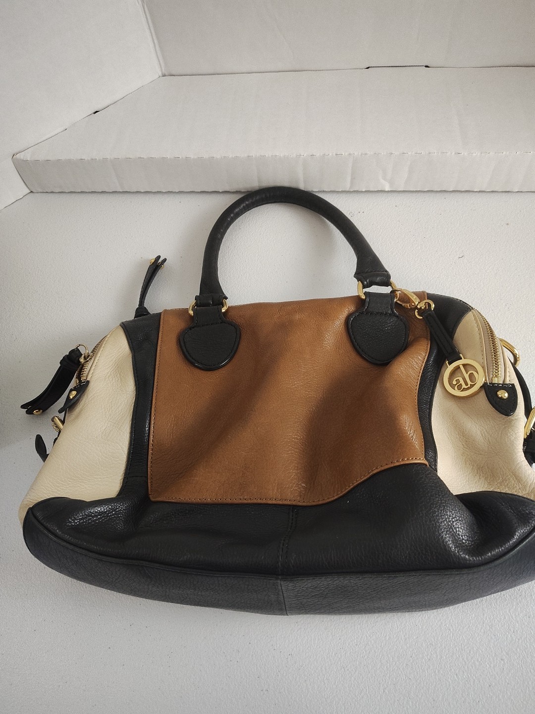Audrey Brooks Color Block Leather Satchel ***No Shoulder Strap**” BLk Brn Crm