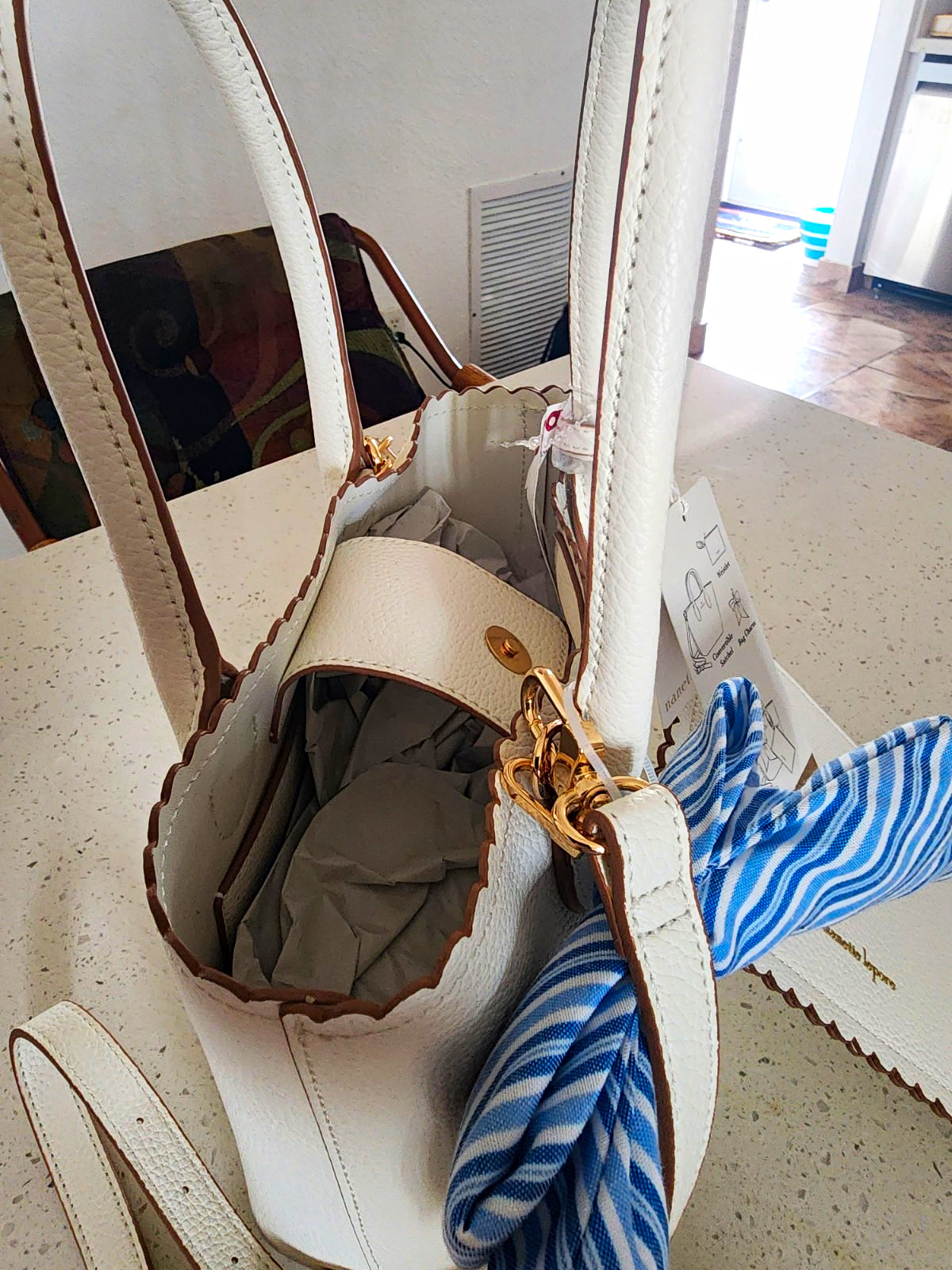Nanette Lepore Medium White Satchel Top Handle Zip Bow Detachable Strap Gold