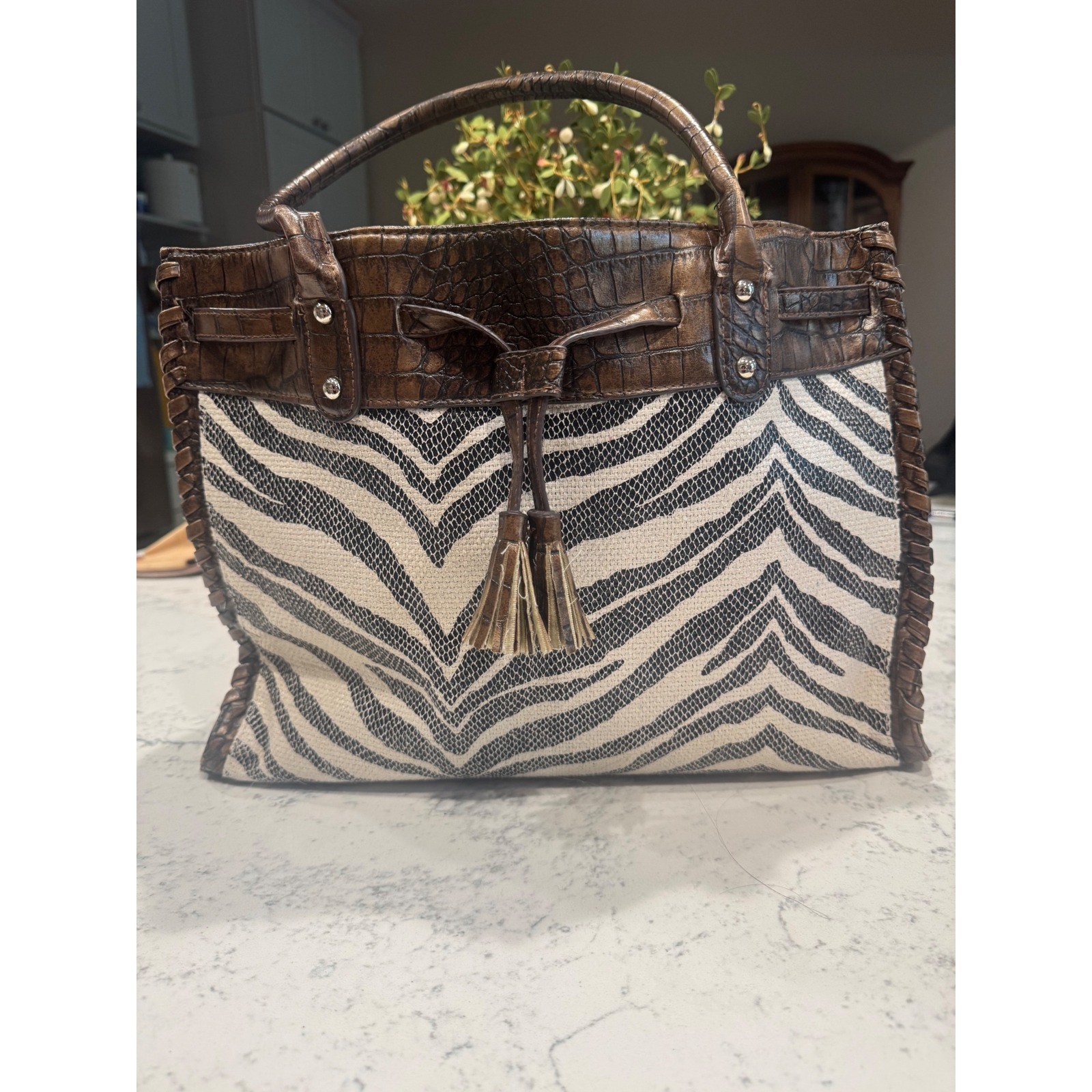 Naturalizer Y2K Zebra Print Tote Bag Bronze Faux CrocLeather Trim Tassel Satchel
