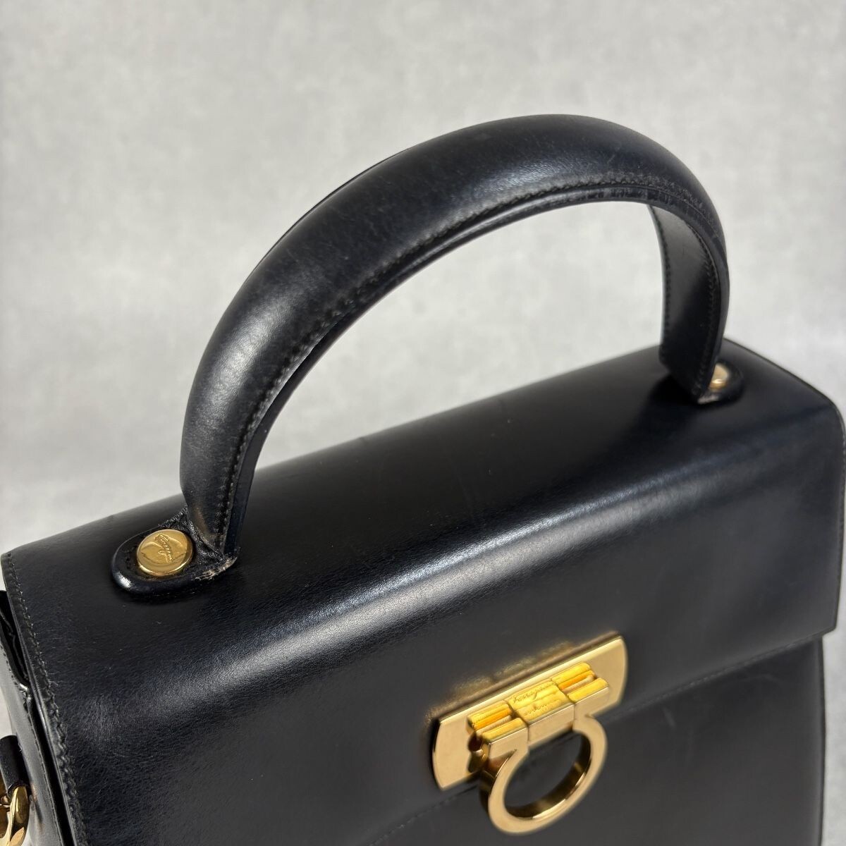 Salvatore Ferragamo Gancini Black Leather 2Way Shoulder Bag Top Handle Formal