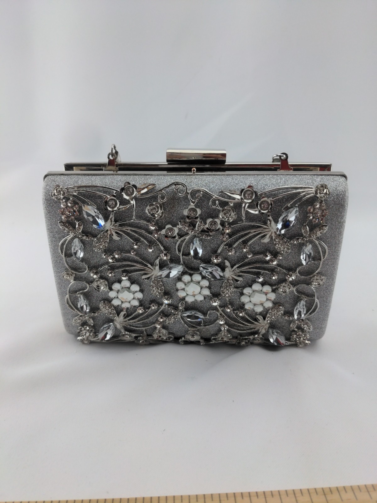 SilverTone Metal Hardware Frame Glitter Fabric Rhinestone Clutch Evening Bag 660