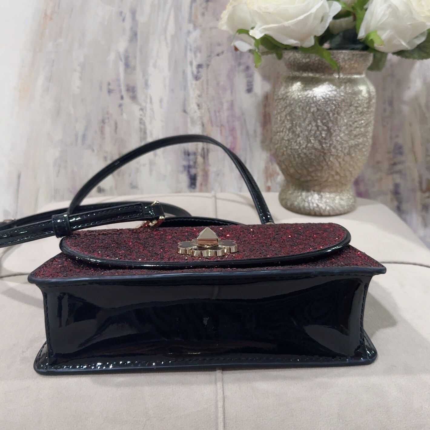Kate Spade New York Odette Glitter Mini Top Handle Bag in Black/Cherry