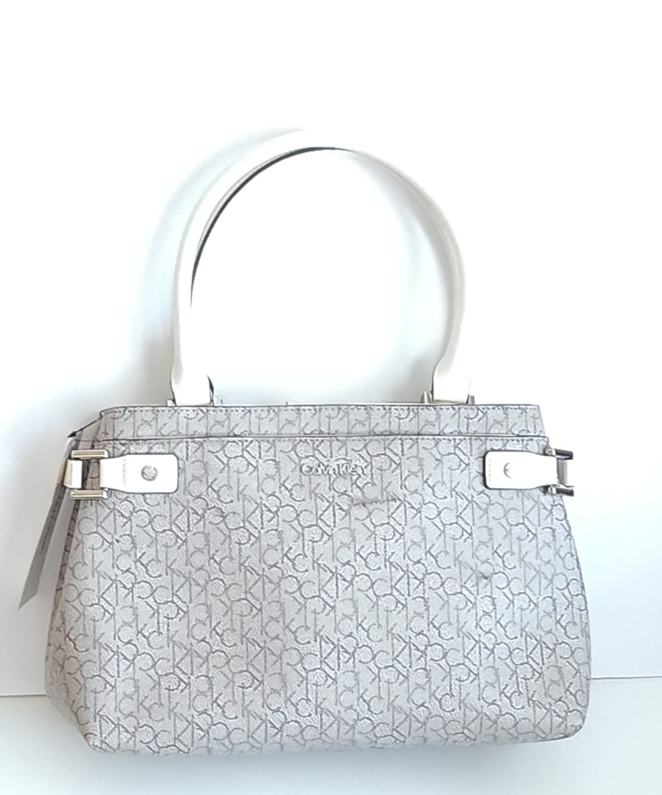 NEW Calvin Klein (CK) Monogram Signature Tote Handbag Almond Beige White Purse