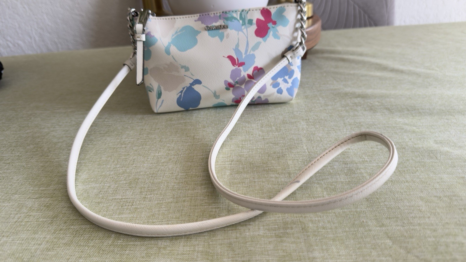 Calvin Klein Floral Ivory Blue Pink Purple Crossbody Bag w/ Chain Strap
