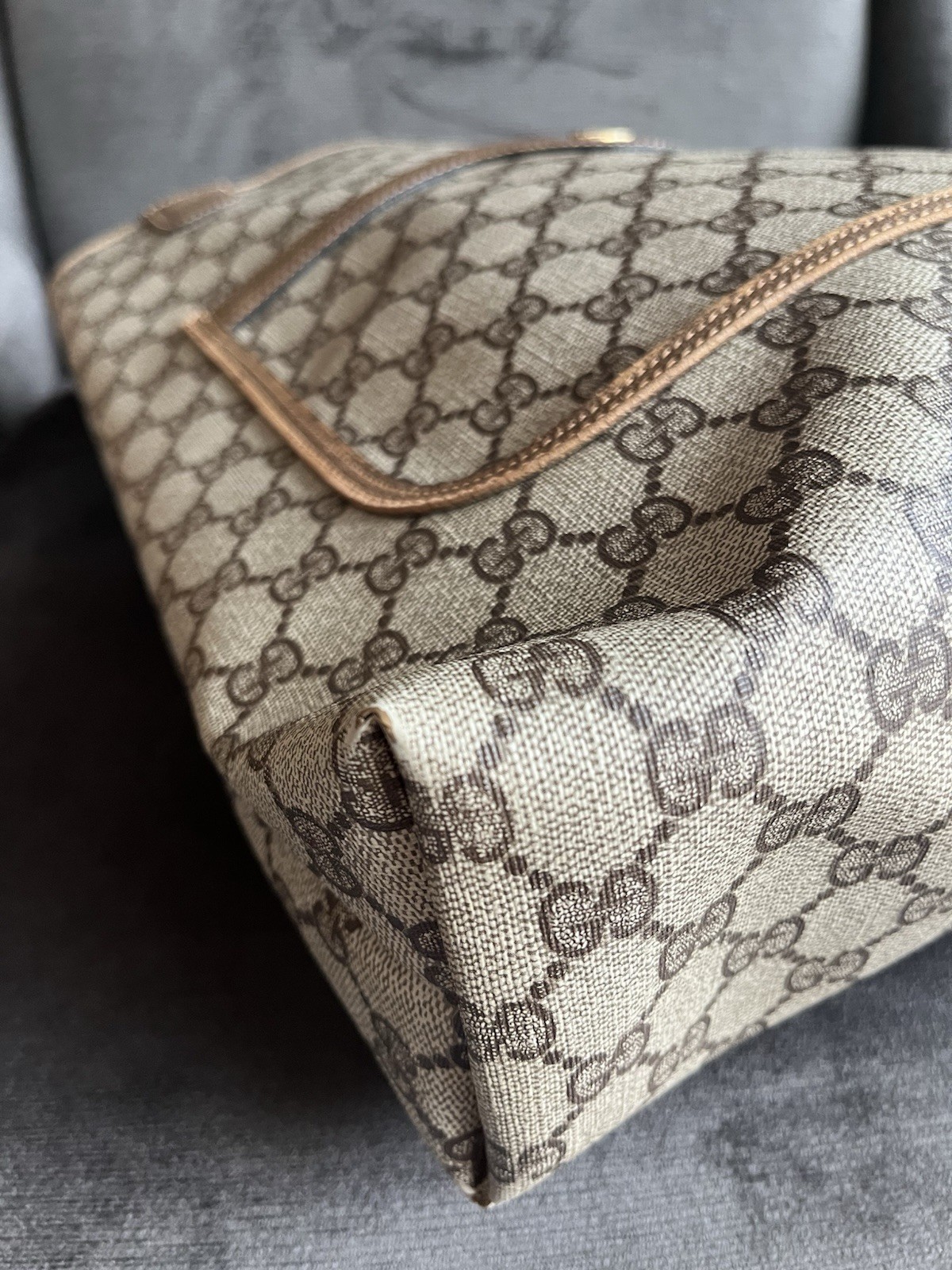 Vintage Gucci GG Monogram Canvas Tote Bag Web Stripe Leather Italy