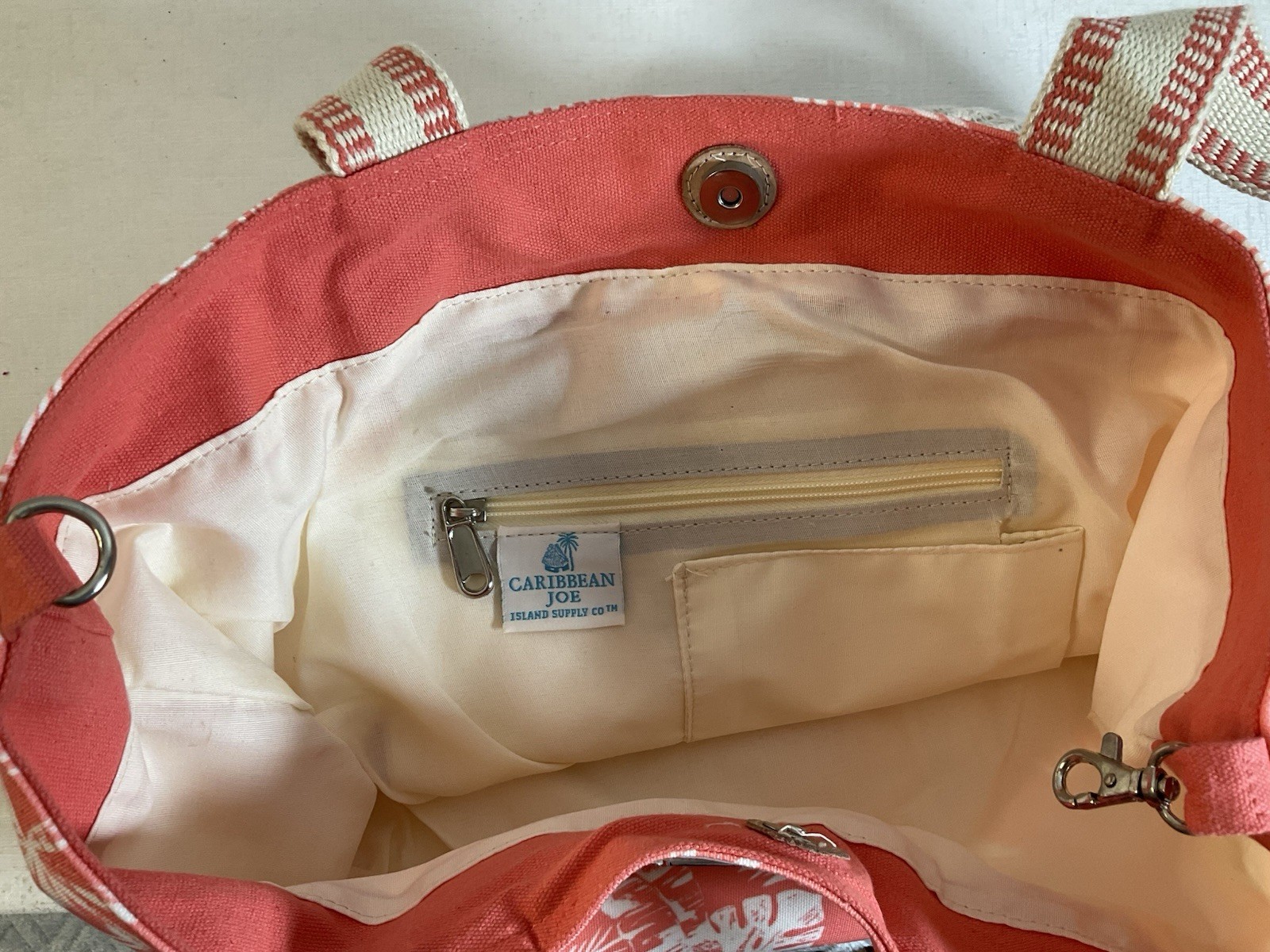 Caribbean Joe Coral/Beige Tropical Tote w/ Pouch, Magnetic/Zip, Lined Pockets