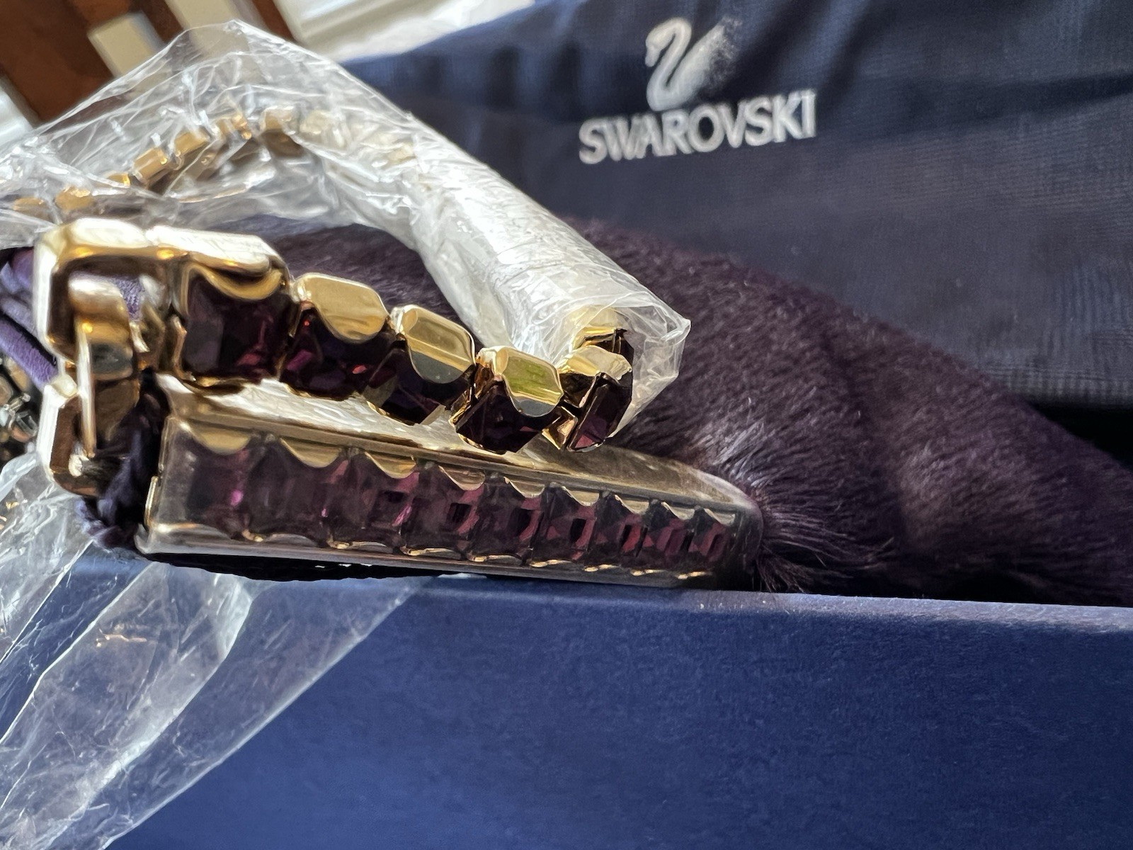 Swarovski Purple Busy Evening Bag Crystal Strap Gold Tone Magnetic Clutch