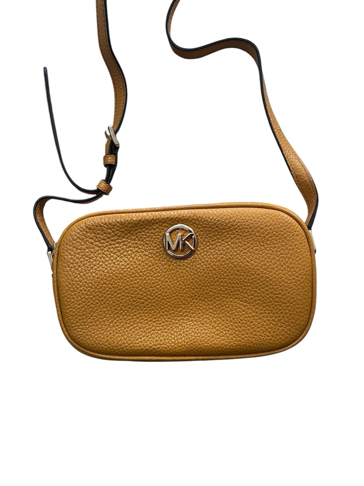 NWT MICHAEL KORS Fulton Double-Zip Leather Crossbody Bag Luggage/Gold Logo $140