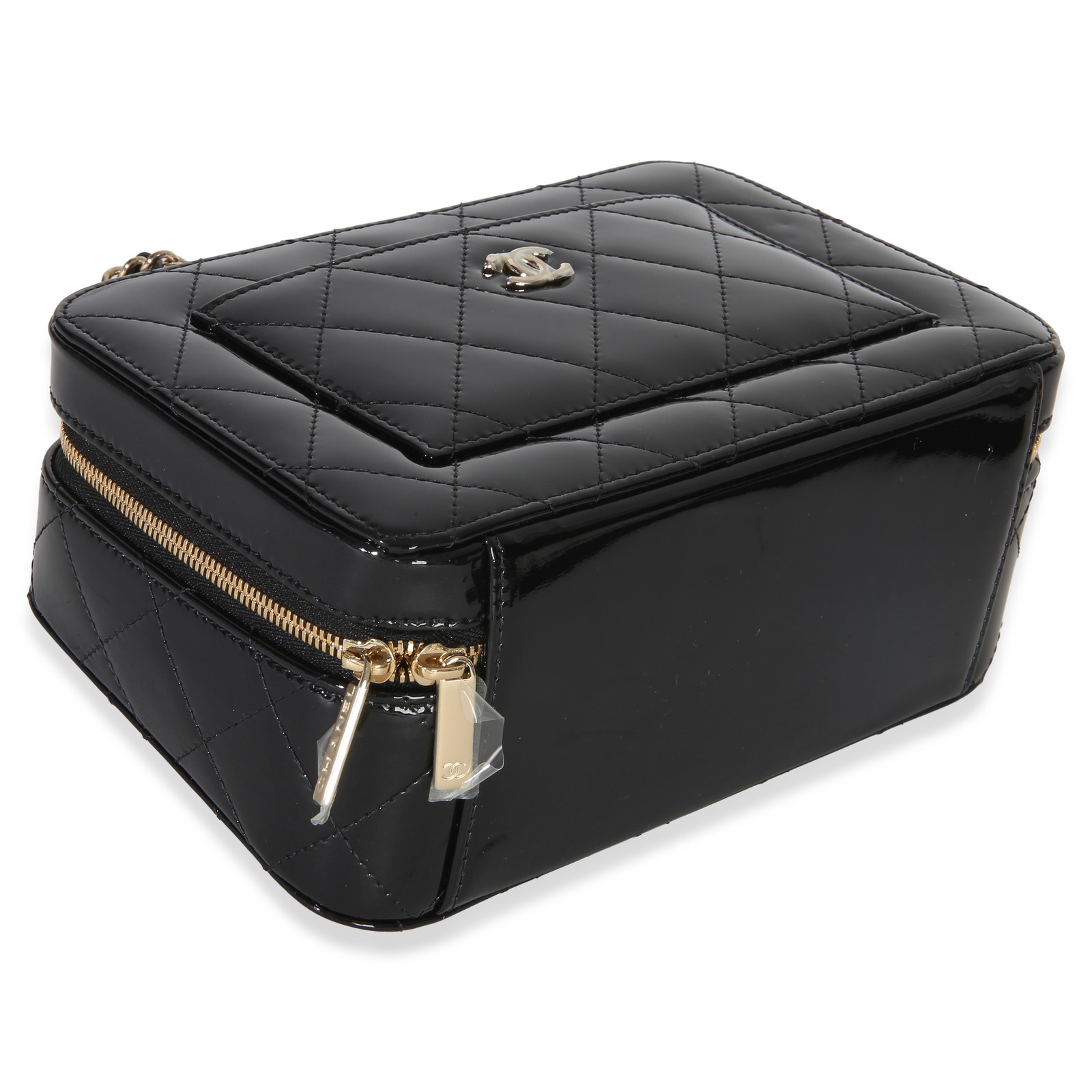 Chanel Black Quilted Patent Top Handle Vanity With Chain