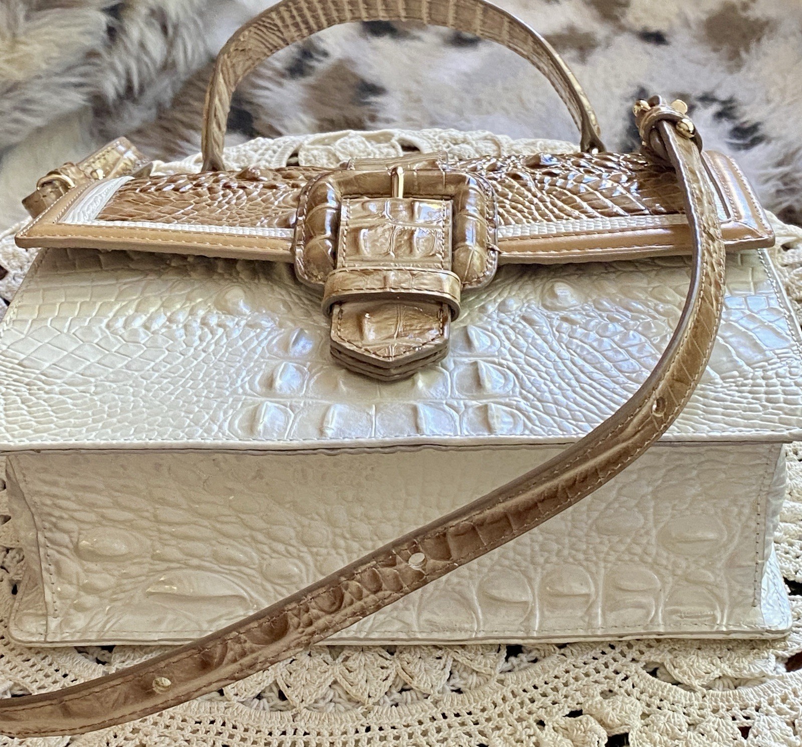 Brahmin Hallie Two-tone Embossed Leather Satchel With Detachable Strap NWT