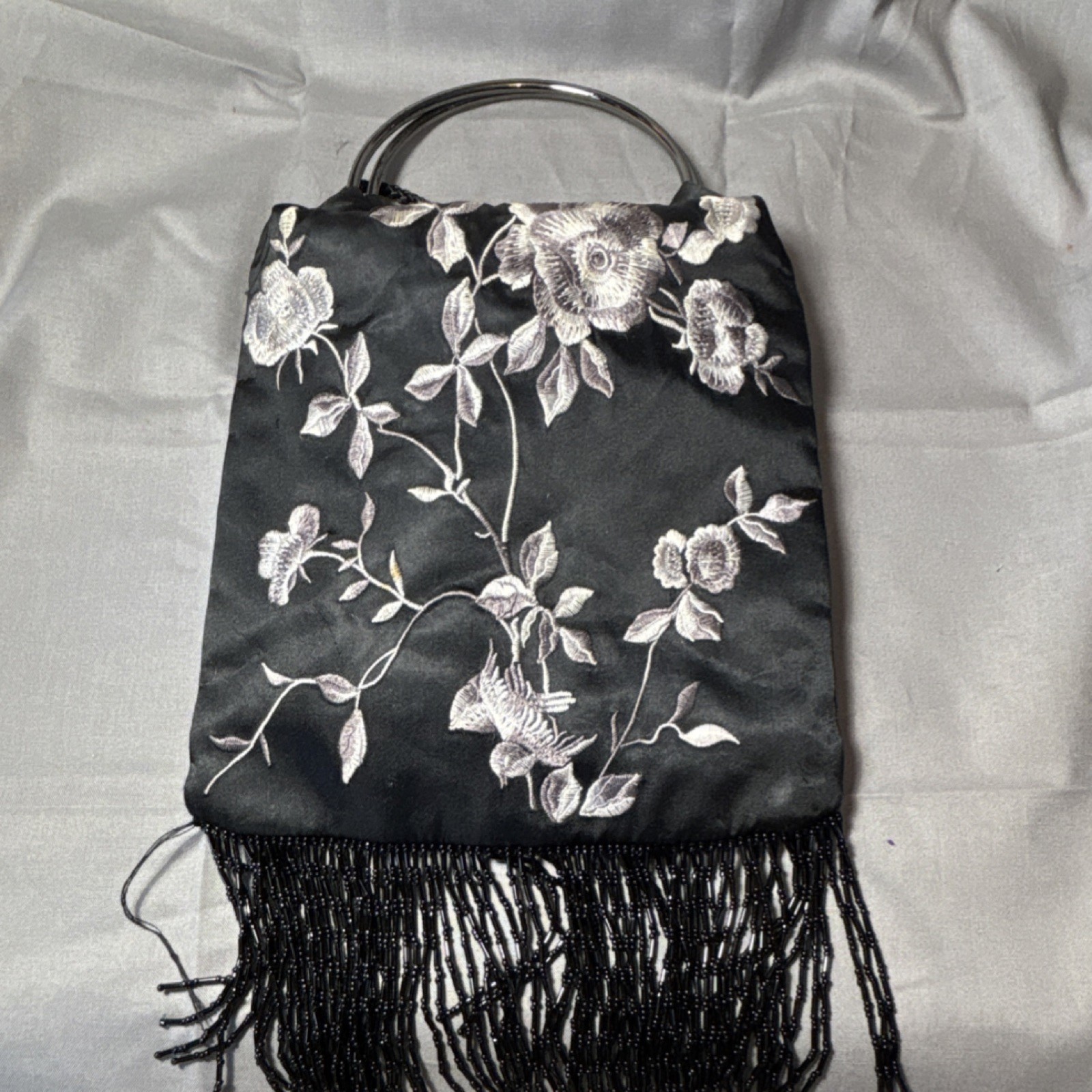 Black Floral Embroidered Fringe Top Handle Bag with Drawstring & Coin Purse