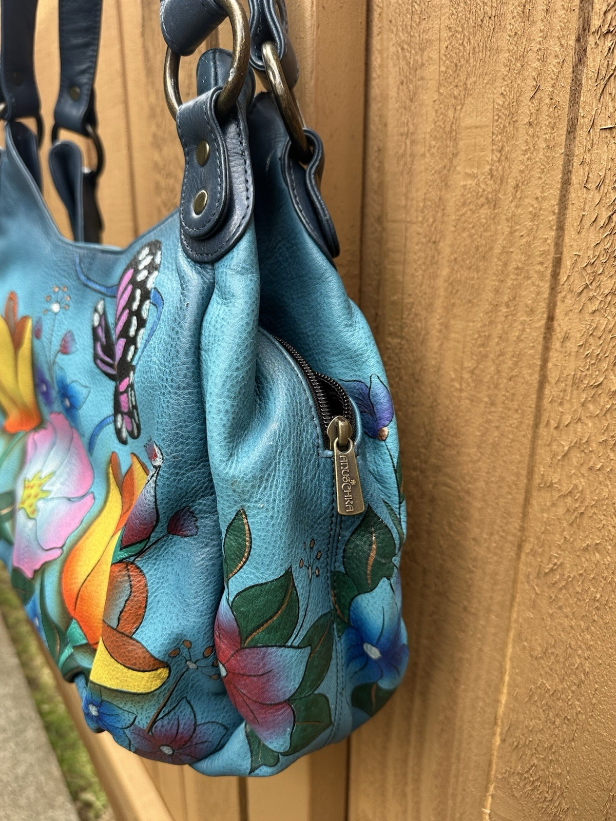 Anuschka Large Hobo Shoulder Bag – Handpainted Butterfly and Flowers