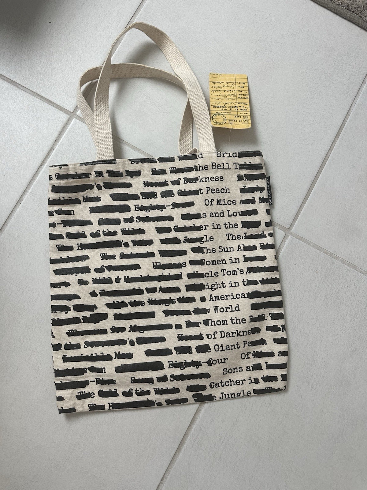 Out of Print Beige/Black Tote Bag Double Handles Text Print Books Theme