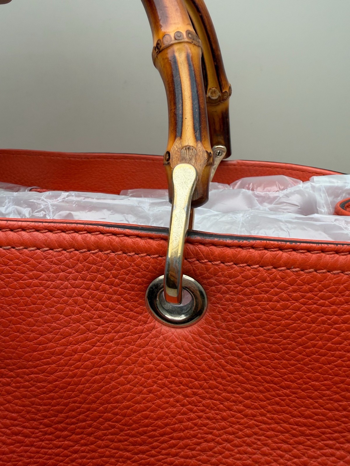 Gucci Bamboo Series Medium Orange Pebbled Cowhide Tote Handbag US Ship