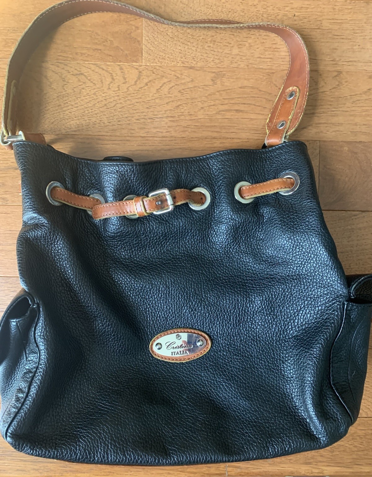 Black Leather Bucket Shoulder Bag 13x12x4” Cristina Italia Tan Accents