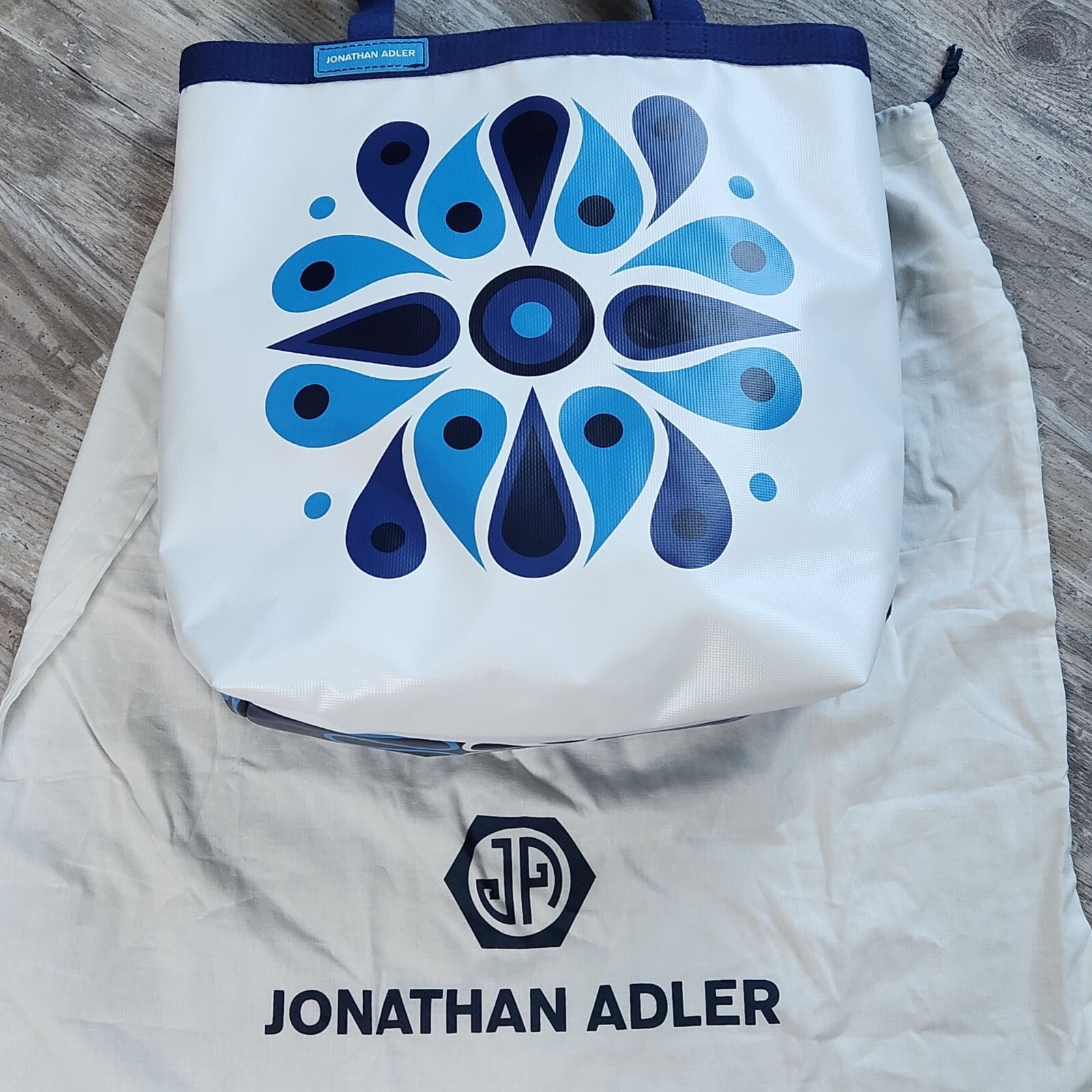 Jonathan Adler Talulla Large Beach Tote Navy White Feather Medallion Bag New HTF