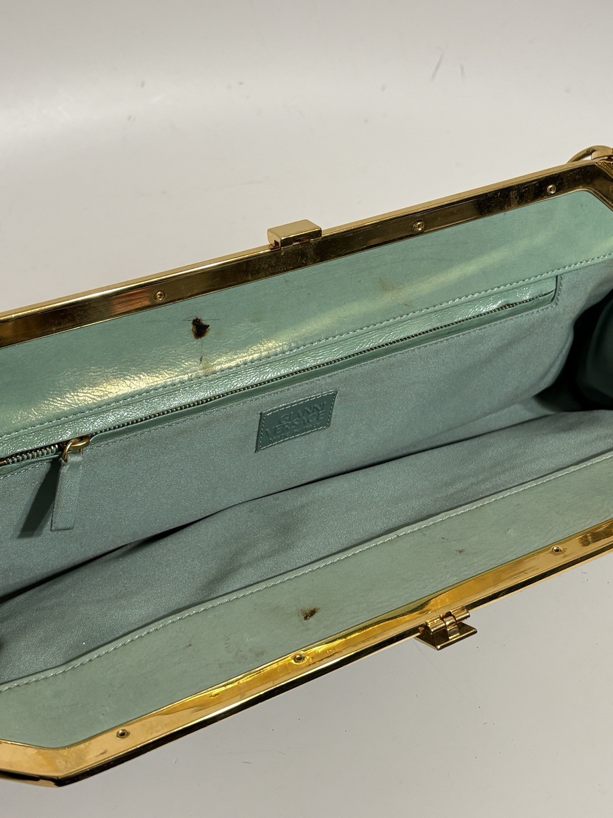Vtg Gianni Versace Green Lizard Leather Gold Chain Strap Shoulder Bag