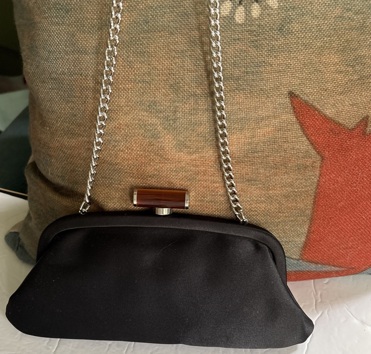 Clutch Purse Black Satin Silver Tortoise Clasp Chain Inside Tiny Pocket
