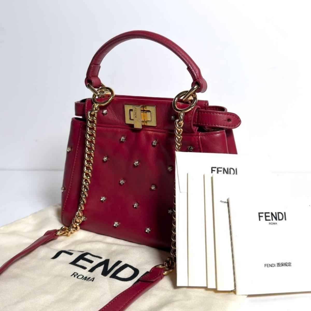 Fendi Peekaboo XS 2Way Handbag Red Leather Crystal Studs Gold Chain Shoulder Bag