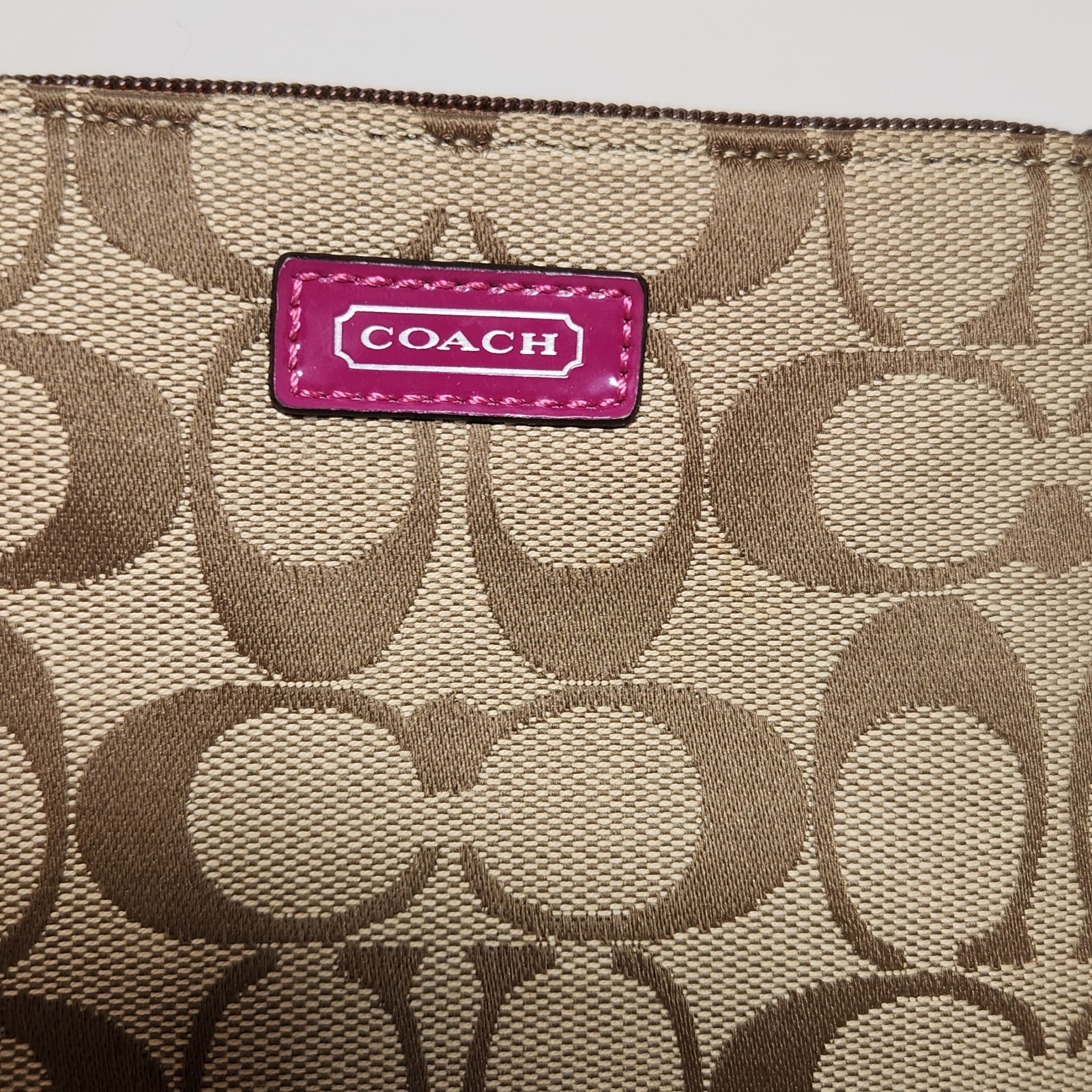 Coach Zip Signature Tan With Cranberry Accent Wristlet Top Zip Closure
