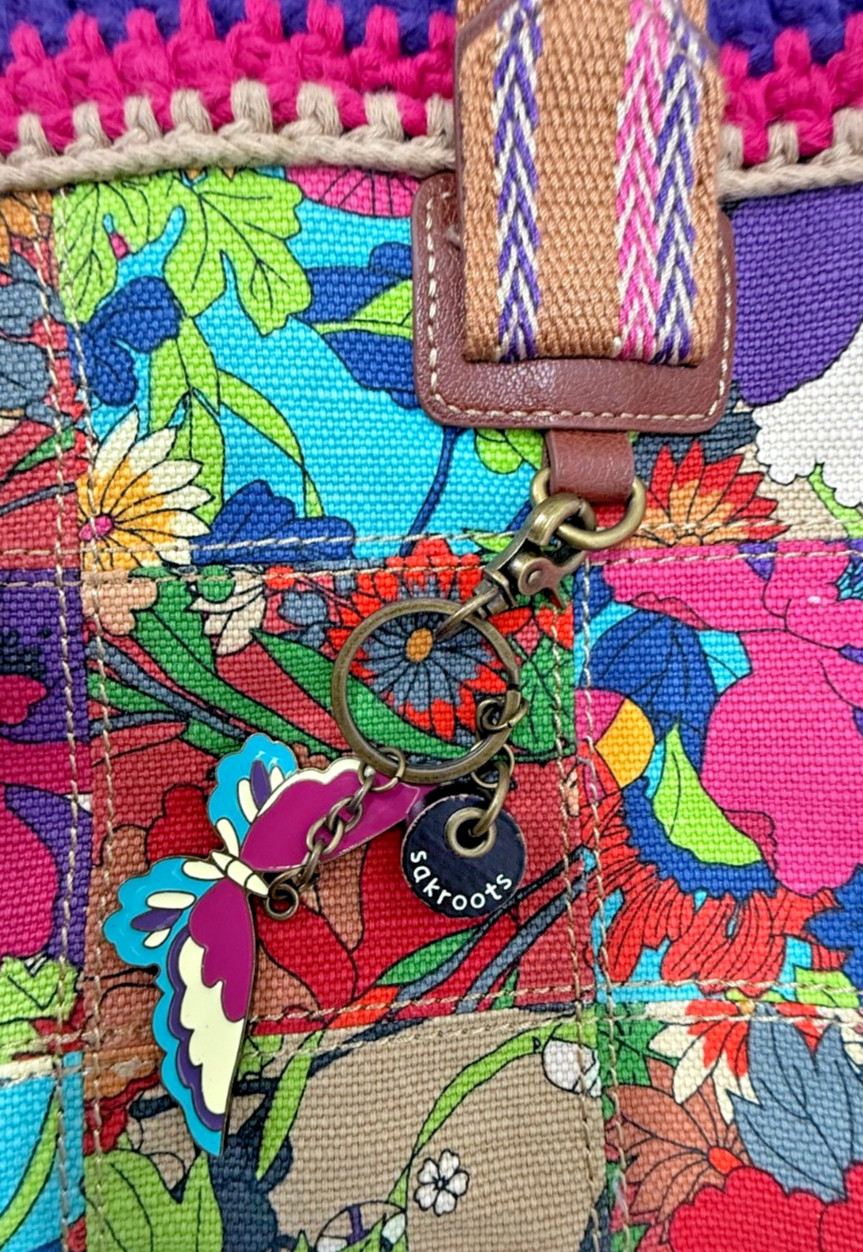 SAKROOTS Large Tote Colorful Jute Blend Fabric 2 Handles Butterfly Charm