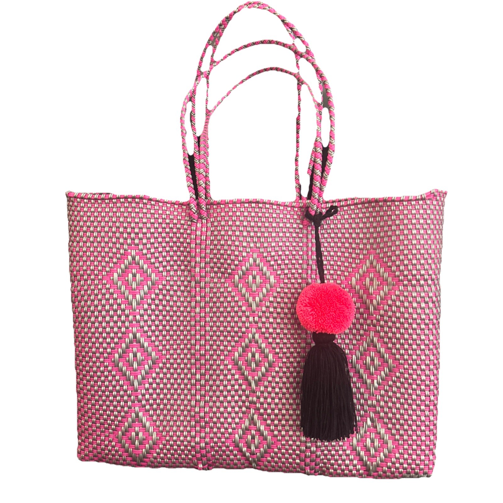 Magenta Silver mexican recycled plastic tote bag With Pom Pom Charm – Waterproof