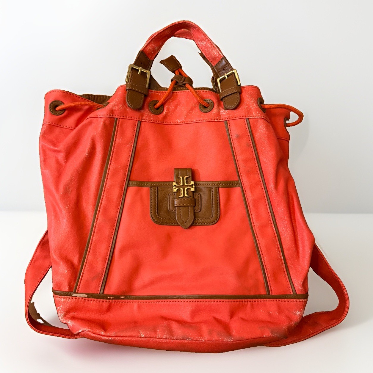 Tory Burch Dash Backpack Coral Red Leather Brown Gold Hardware Drawstring