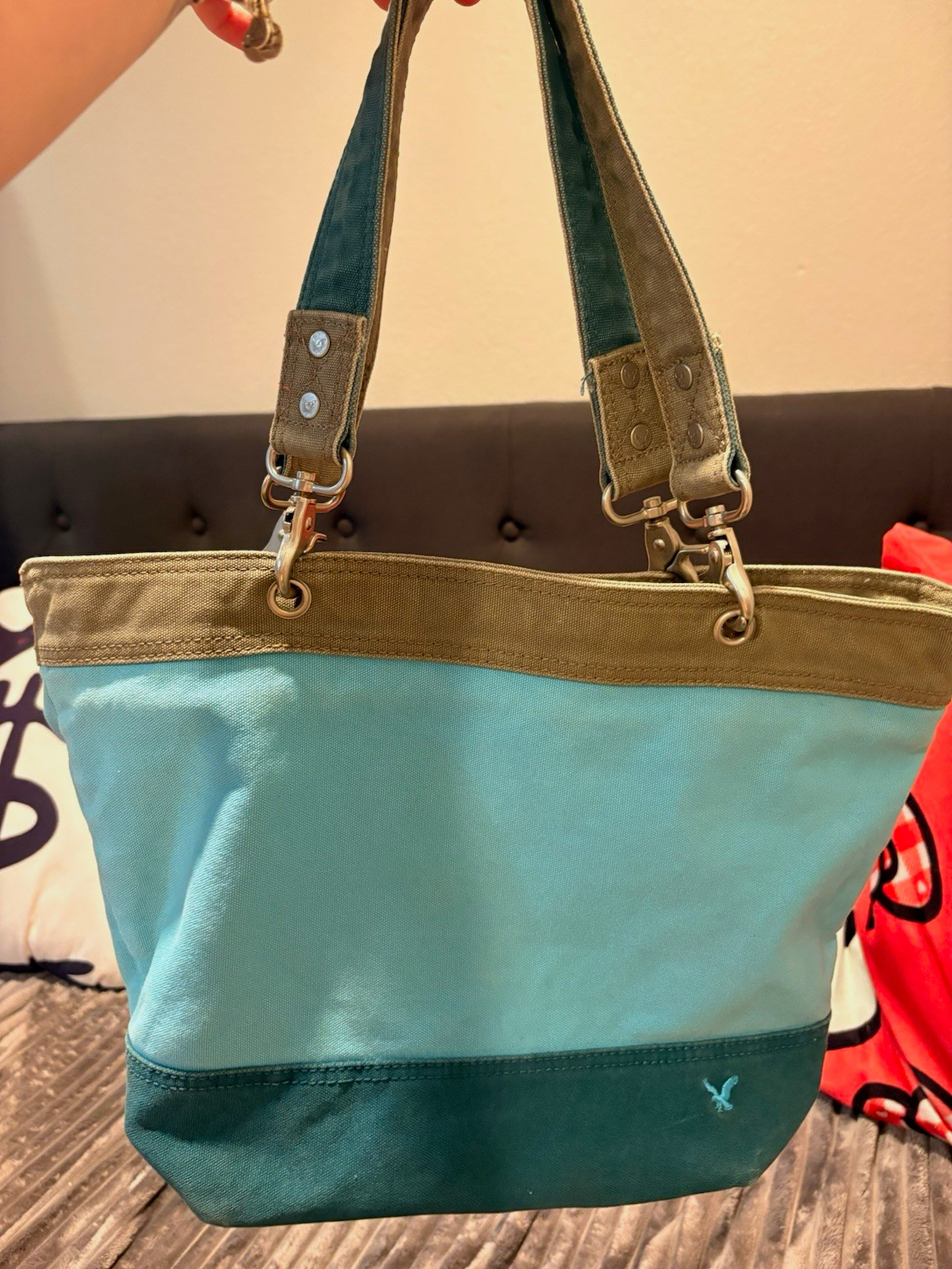 American Eagle Outfitters Blue/Green Colorblock Zip Tote Bag Lined, Pockets