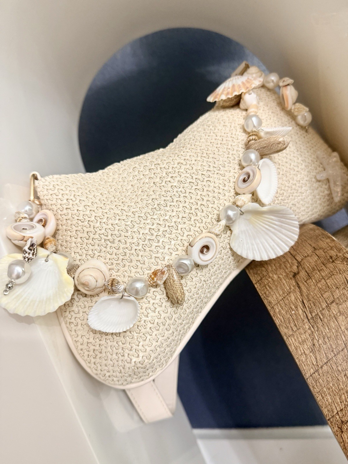 Woven Straw Inspired Crescent Shoulder Bag with Shell Pearl Starfish Accents