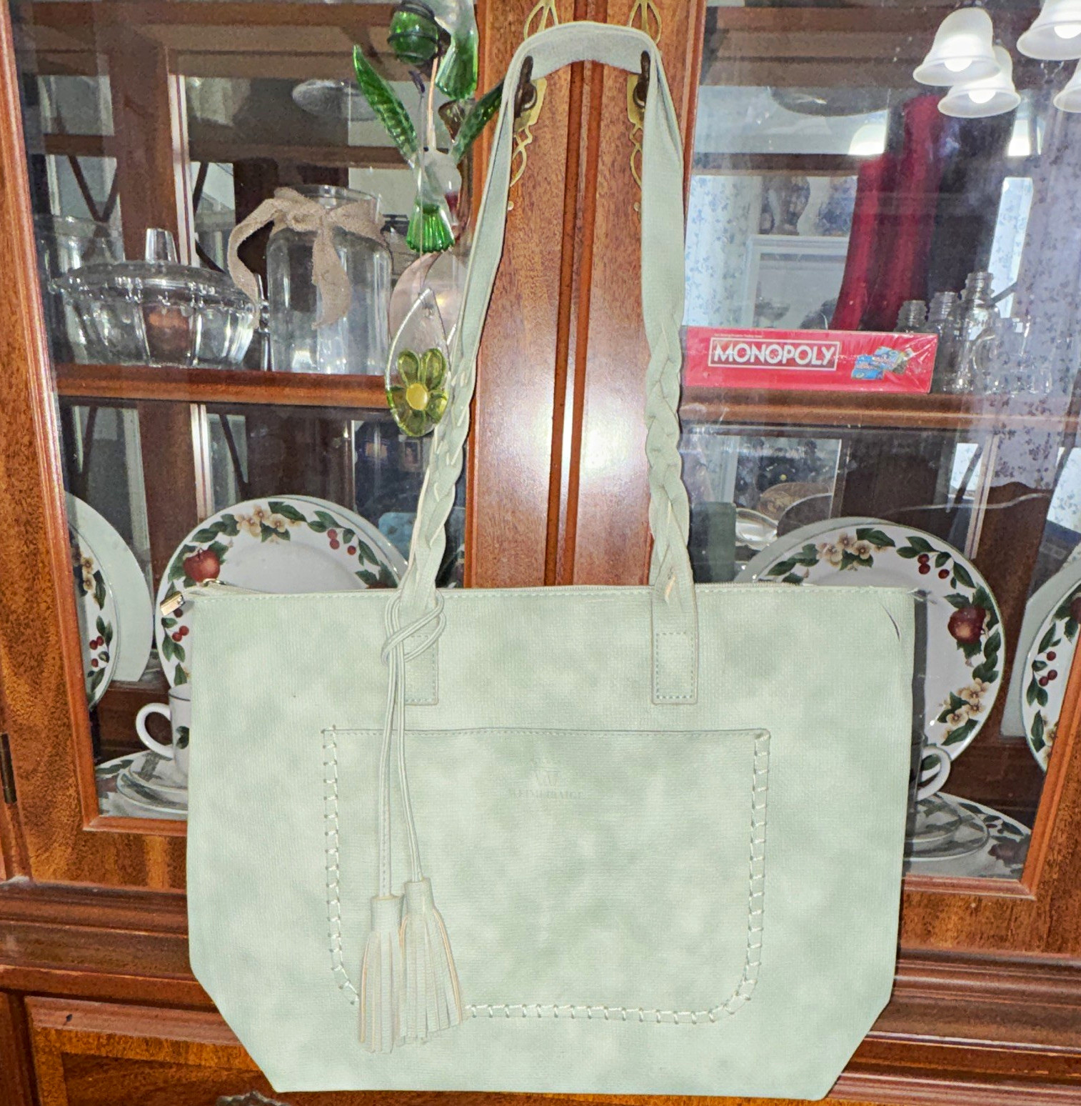 Mint Green Large Women’s Tote Bag Zip Top Tassel Charm Lined Inner Pockets