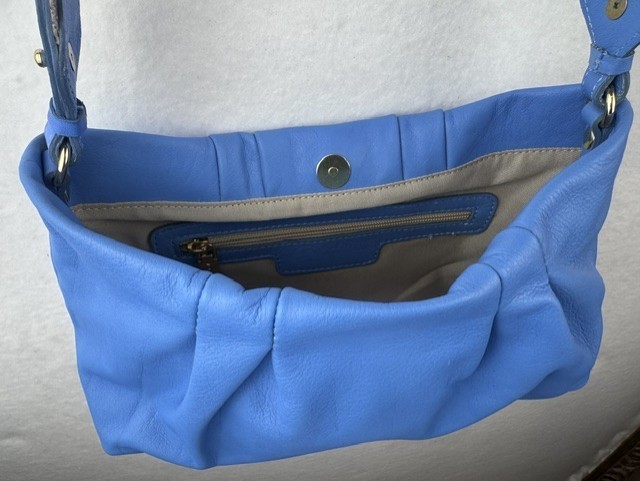 Valentina Made in Italy Small Leather Pleated Azure Blue Shoulder Hobo Bag NWOT