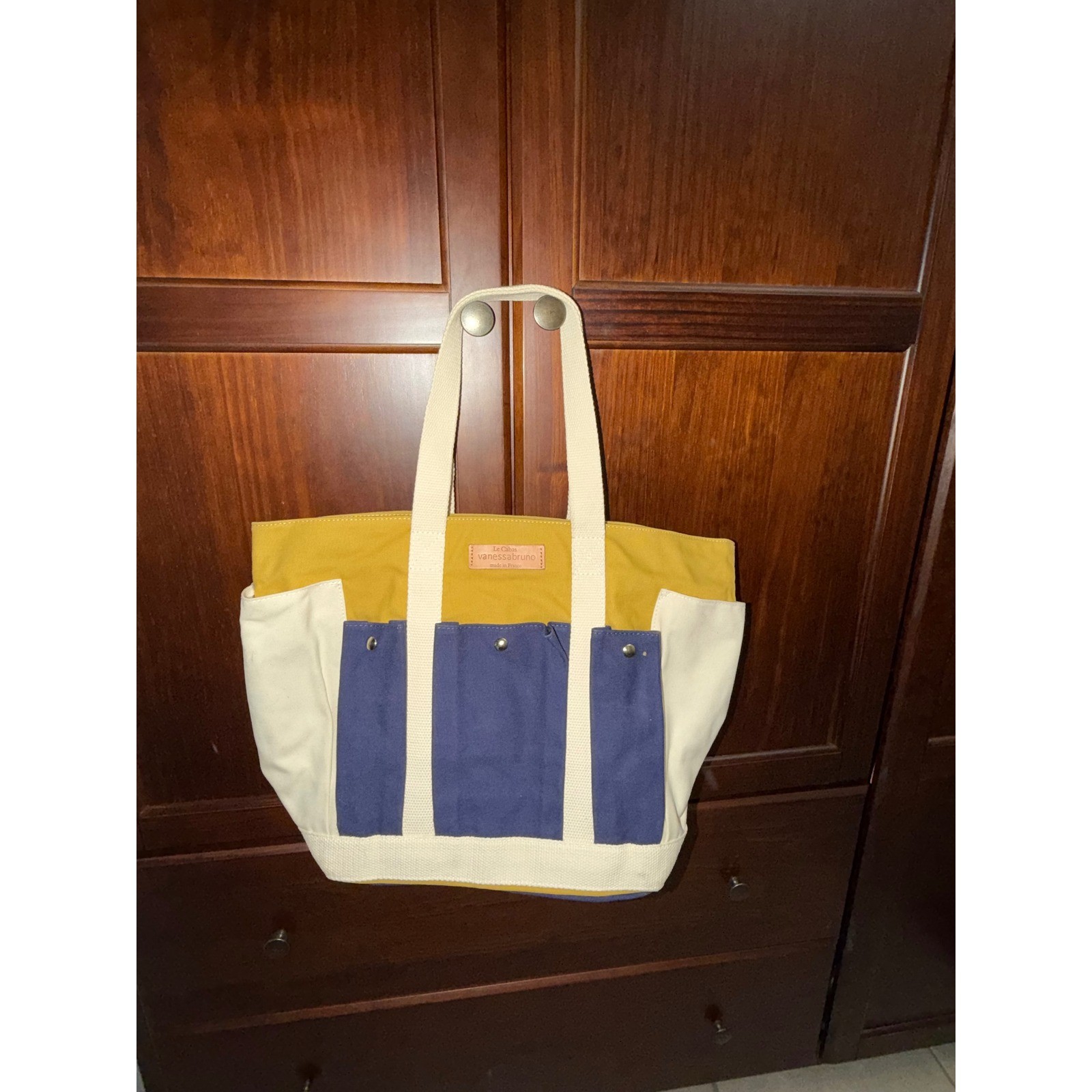 Vanessa Bruno Le Cabas Canvas Tote Bag Colorblock Yellow Navy Made in France