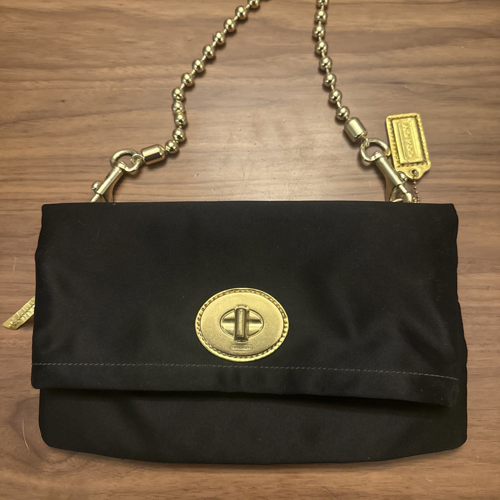 Coach Vintage Amanda Satin Fold-Over Turnlock Kisslock Clutch Bag Handbag Black
