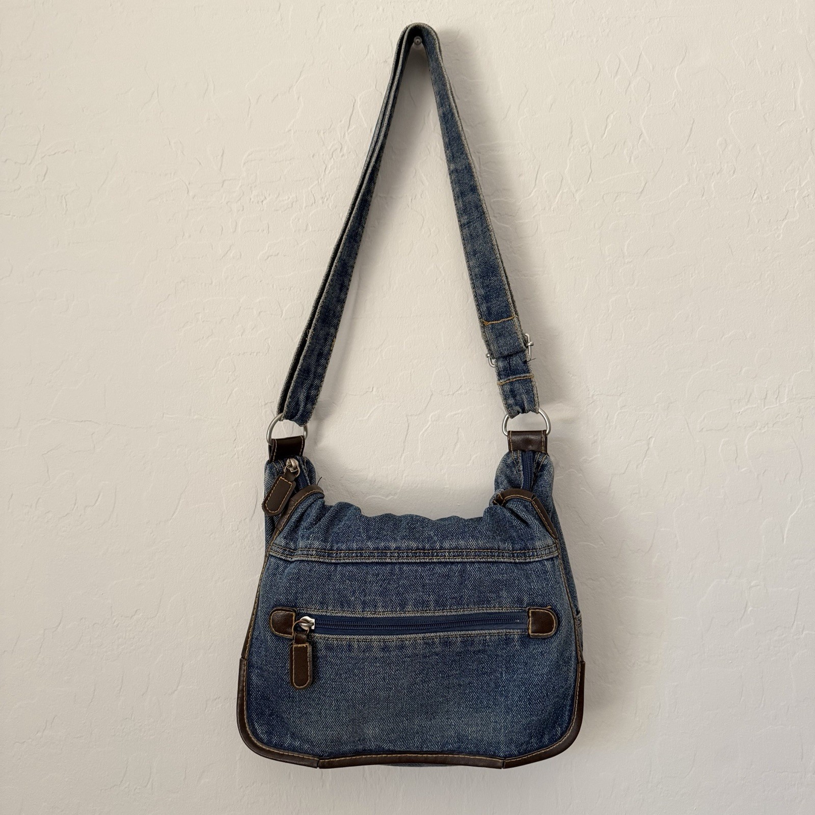 Y2K Denim Crossbody Bag Blue Jean Shoulder Purse Brown Trim Multi Pocket