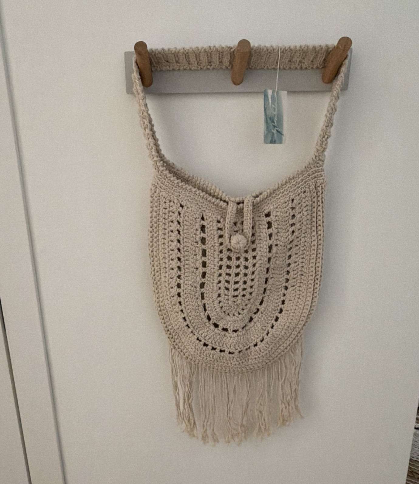 By Bámbula Beige Crochet Fringe Shoulder Bag Drawstring Handmade Tag
