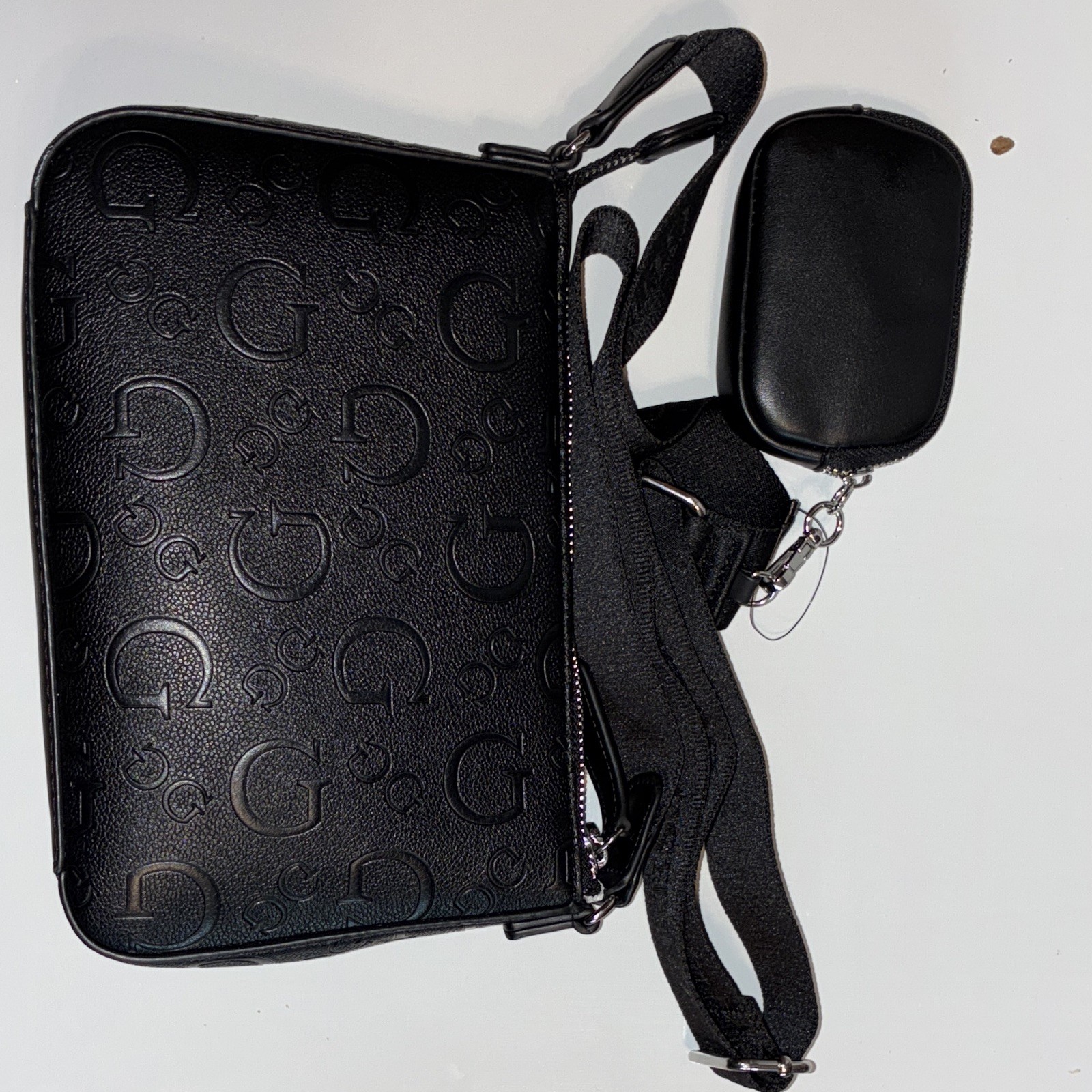 GUESS Black Logo Crossbody Bag, Zip Closure, Detachable Strap & Coin Purse