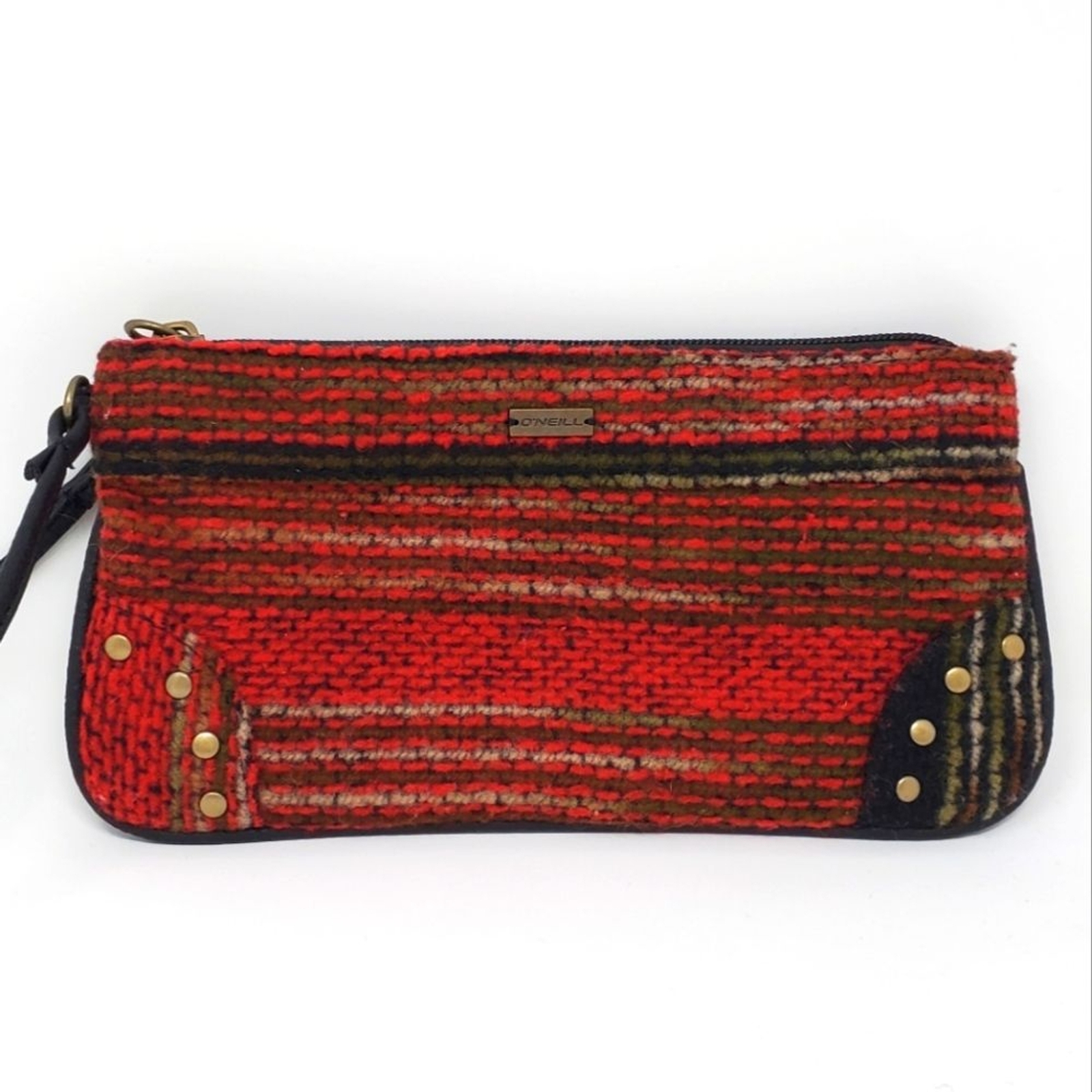 O’NEILL RED TAN WOVEN FABRIC FAUX LEATHER MINI BAG WRISTLET BRASS STUDS BOHO Y2K