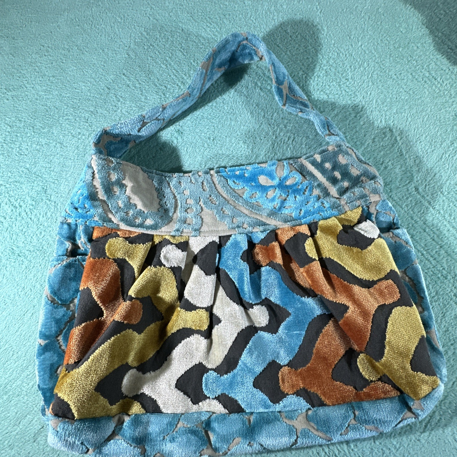 “Lola Blue” Carpet Tapestry Shoulder Bag Blue and orange