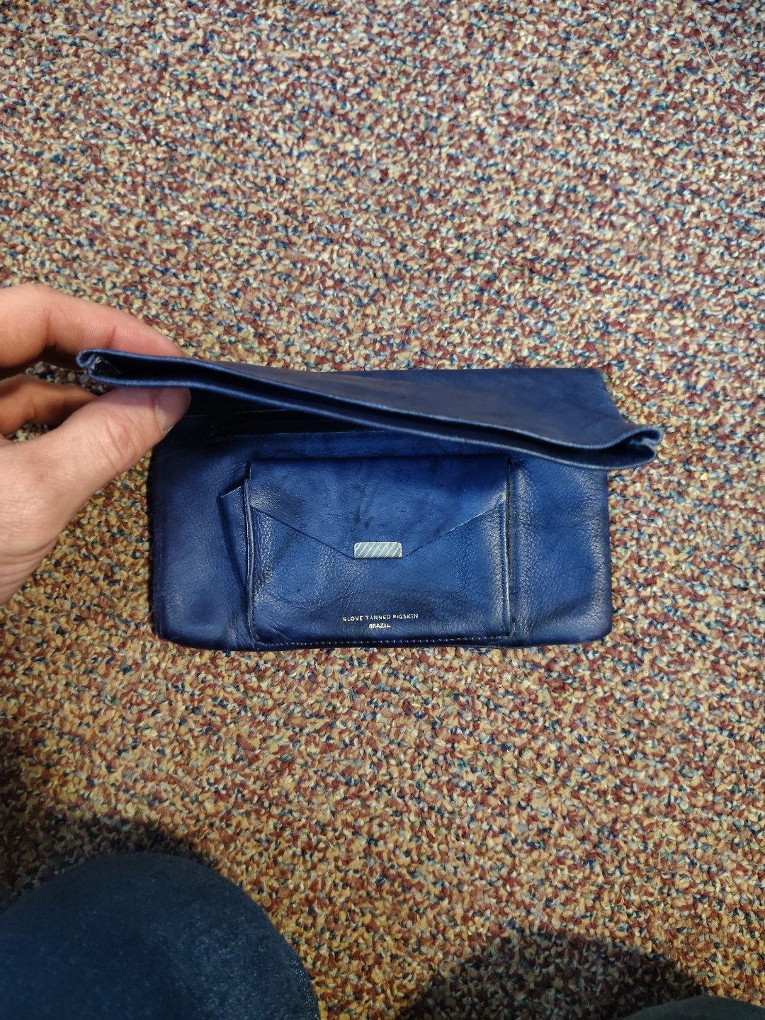 Vintage Glove Tanned Pigskin Blue Foldover Clutch Made In Brazil 3 Pockets