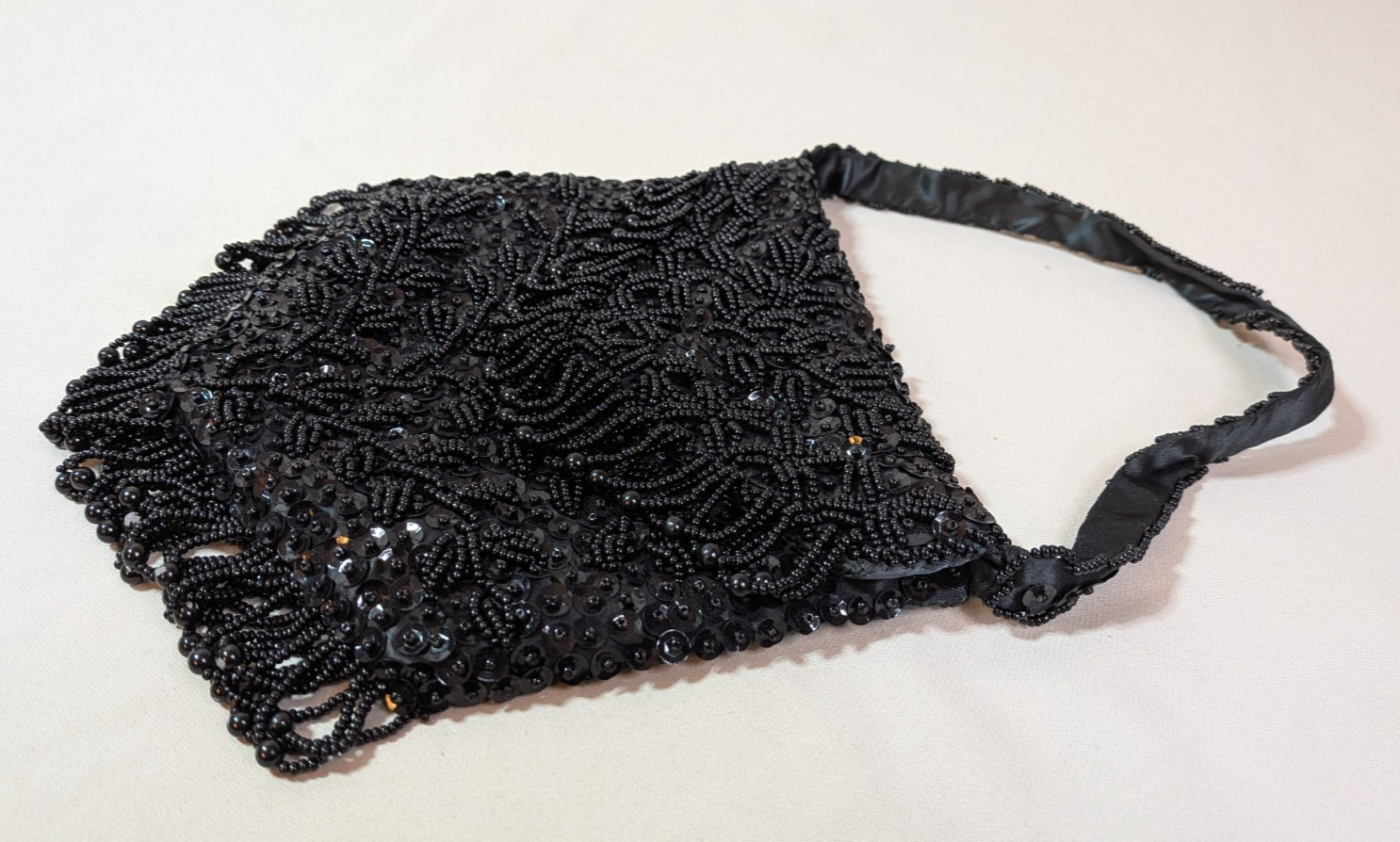 Small Black Purse Beaded Sequins Fringe Trim Flapper Hong Kong Evening Bag Prom