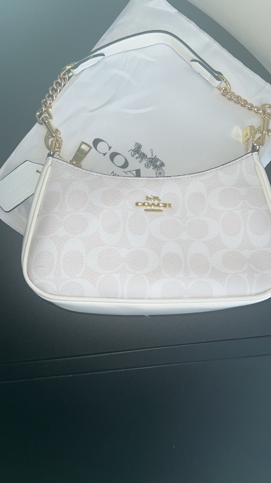 Coach Signature Logo Small White Shoulder Bag Gold Chain Strap Zip Closure