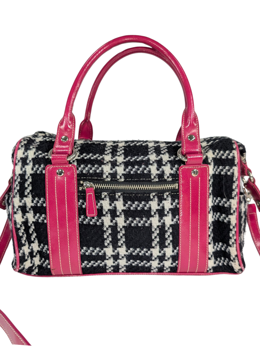 Valerie Stevens Y2K Black White Tweed Plaid Pink Faux Leather 2-Way Satchel