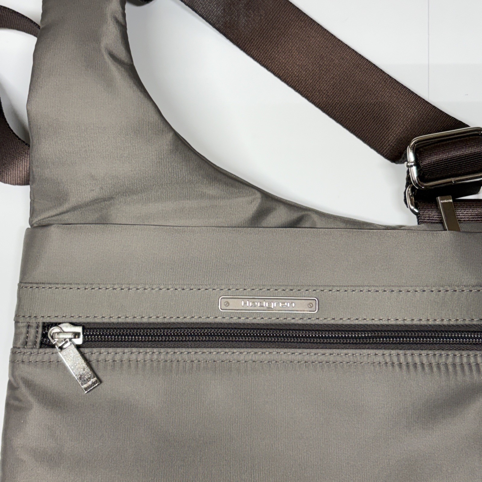 Hedgren Fate RFID asymmetric Crossbody Bag Sepia Brown Wide Strap Nylon Travel
