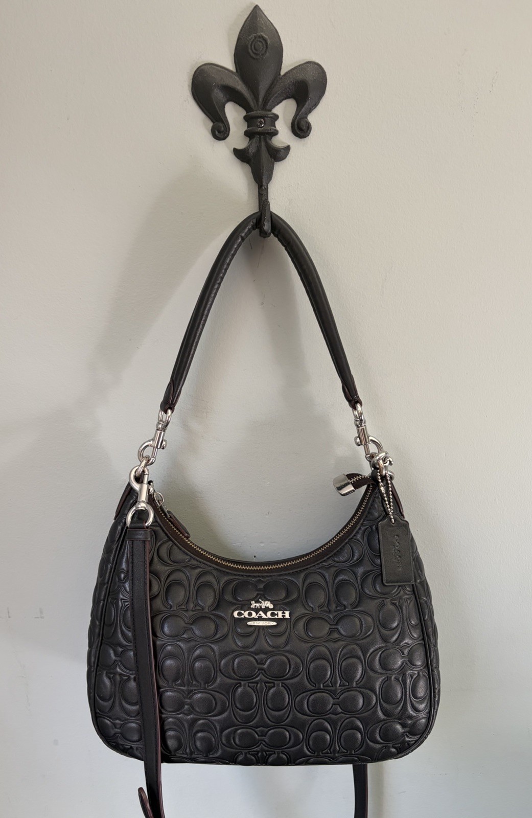COACH Black Signature Leather Teri Shoulder Bag Debossed Logo/ Silver Hardware
