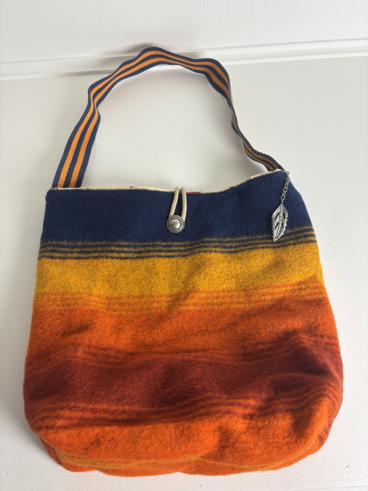 Artisan Style Felted Wool Striped Purse/Bag With Feather Charm Southwest Boho