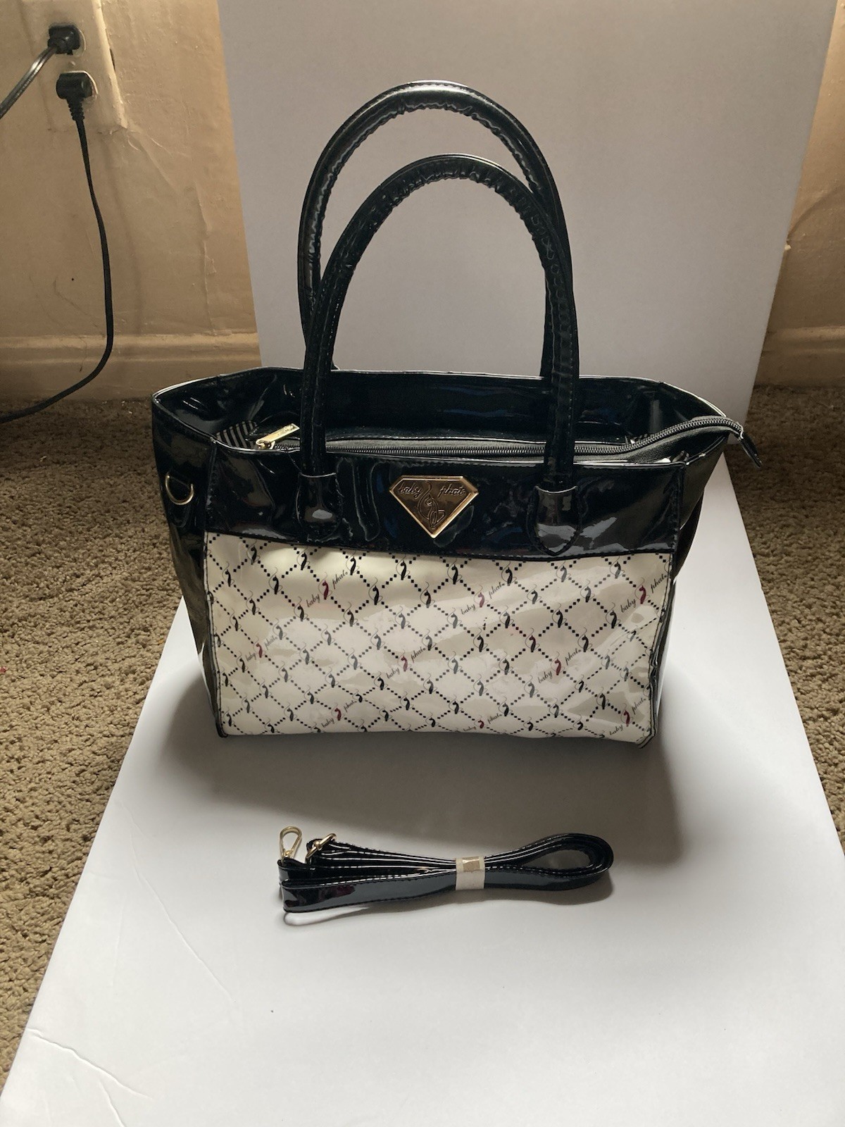 Baby Phat Handbag Black White Shoulder Bag Detachable Strap Striped Lining