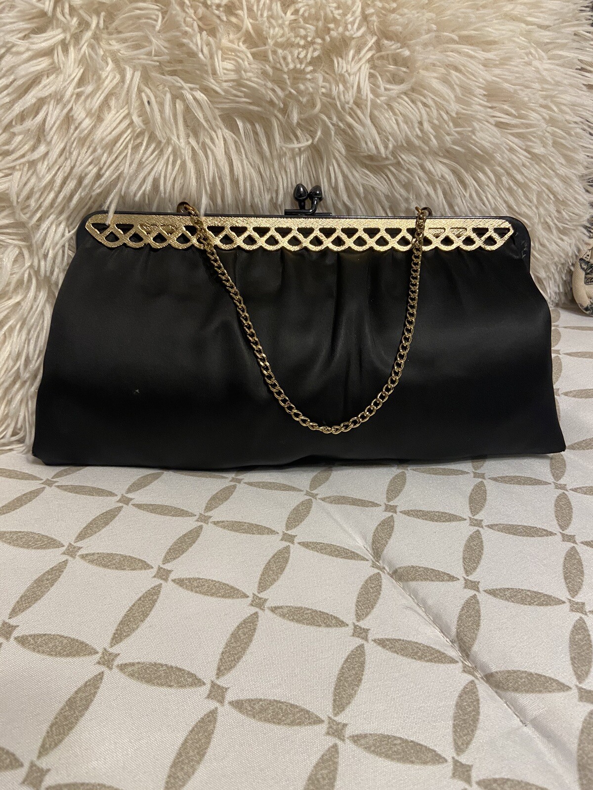 VTG CLUTCH BAG Black Satin Gold Chain Gold Ornate Trim Old Hollywood Evening