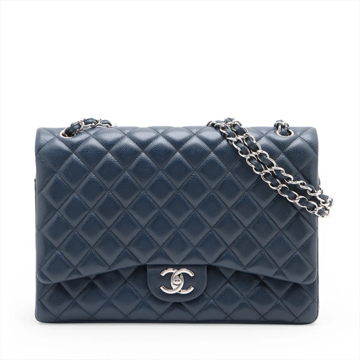 Chanel DEKAMATRASSE 34 Maxi Caviar Skin Single Flap Double Chain Bag Navy Blue S