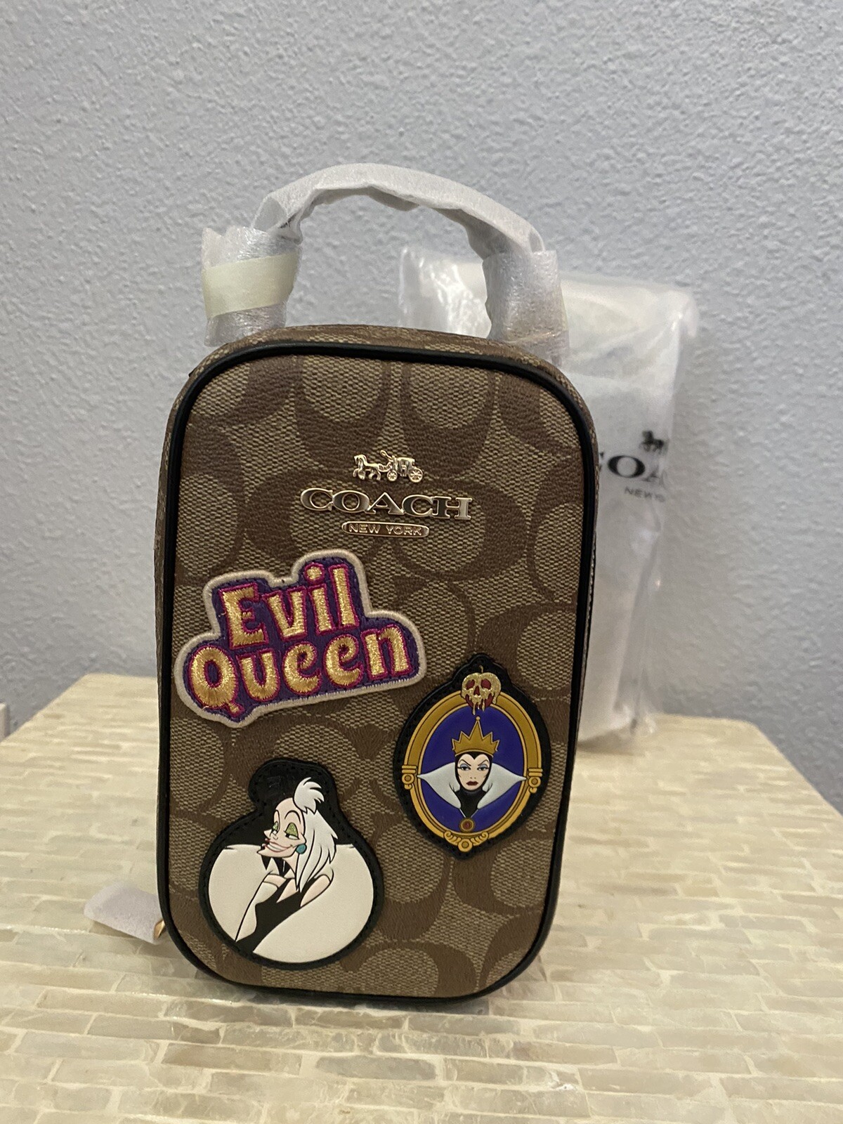 Disney X Coach Eva Phone Crossbody In Signature Canvas With Patches Gold/Khaki