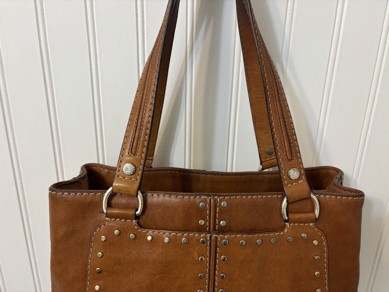 MICHAEL KORS Astor Satchel Shoulder Hand Bag Leather Cognac Studded Designer